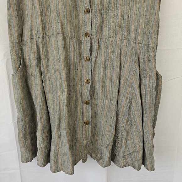 VTG FLAX by Jeanne Engelhart Linen Mini Button Up Sleeveless Striped Dress Sz M - Picture 2 of 10
